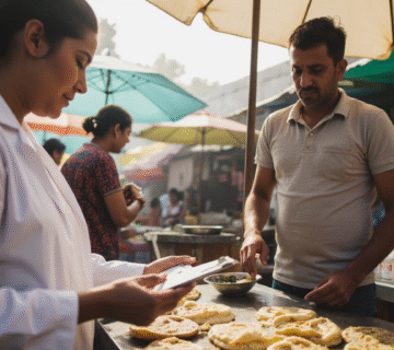 Tight waist-up capturing an Indian street vendor as